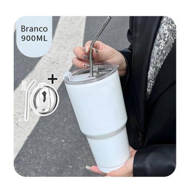 Imagem de Copo Térmico Branco 900ml com Canudo de Aço Inox e Escova - Tudo em Caixa