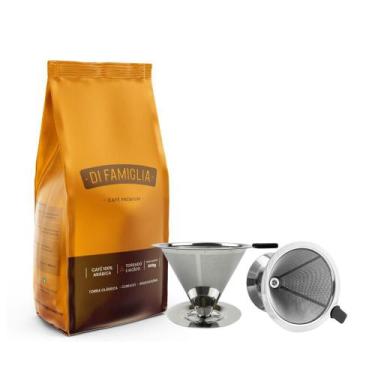 Imagem de Coador de Café em Aço Inox e Café Di Famiglia Moído 250g