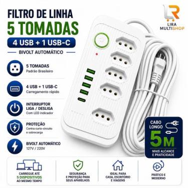 Imagem de Régua de Energia / Filtro de Linha 5 Tomadas 4 USB 1 USBC, Cabo 5 Metr