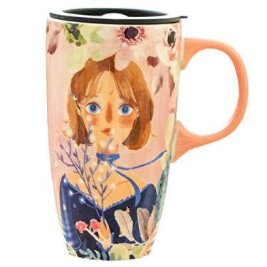 Imagem de Caneca de menina da floresta com tampa com pintura de cerâmica, xícara de café, caneca de leite de desenho animado, xícara de chá escritório casa (vestido azul giril rosa)