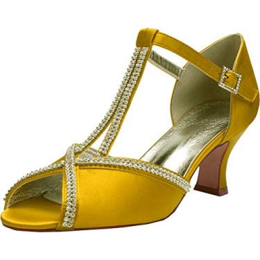 Imagem de Sandálias femininas de casamento com strass exclusivas para noivas salto grosso salto pedrinho tira no tornozelo vestido de festa de madrinha 6,5 cm, Amarelo, 7.5