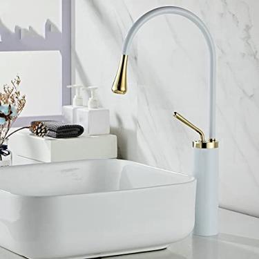 Imagem de Torneira de lavatório estilo gota escovado latão torneiras de banheiro quente frio misturador torneiras 360 giratórias em cascata arte guindaste, ouro branco alto