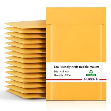 Imagem de Fuxury Kraft Bubble Mailer 10 x 20 cm, pacote com 50 envelopes acolchoados com forte aderência, envelopes de bolhas grossas, tamanho utilizável, 10 x 17,78 cm, à prova d'água, acolchoados, embalagens