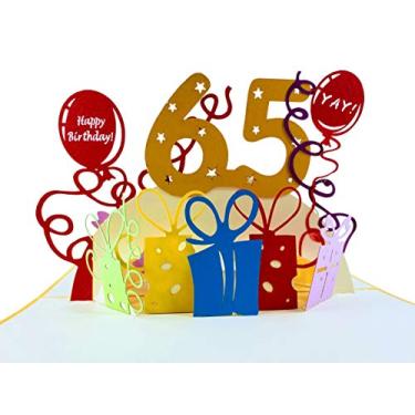 Imagem de iGifts And Cards Happy 65th Birthday With Lots of Presents Cartão de felicitações 3D Pop Up - Incrível, Bonito, Divertido, Único, Ocasião Especial, Half-Fold, Celebração, Marido, Esposa, Melhor Amigo, Parabéns