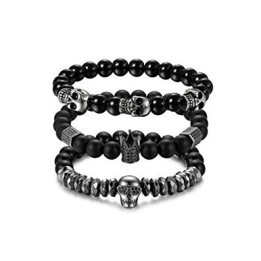 Imagem de Flongo Pulseira masculina de aço inoxidável com esqueleto de caveira de 8 mm, pulseira masculina com contas de elos para Natal, Ano Novo (3 peças)