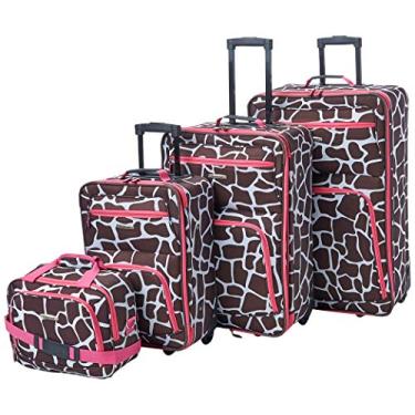 Imagem de Rockland Conjunto de bagagem vertical macio moderno, alças telescópicas, girafa rosa, 4 peças (14/19/24/28)