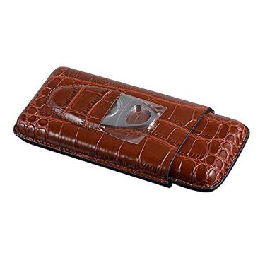 Imagem de Yajun Caixa de charuto de viagem de couro forrada de madeira umidificador com cortador de charuto inoxidável prata 3 tubos acessórios para charutos marrom