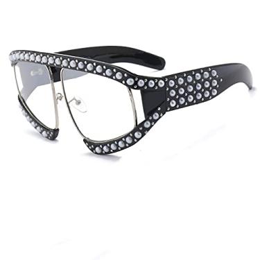 Imagem de Óculos de sol femininos transparentes irregulares designer de moda pérola óculos de grandes dimensões populares senhoras óculos de sol de armação grande, C2 preto claro, tamanho único