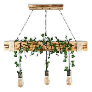 Imagem de Luminária Pendente Madeira Rústica 3 Bocais Ouro Velho Retrô