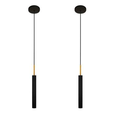 Imagem de Kit 2 Luminárias Pendente Tubo Teto Sala Preto Dourado 40Cm