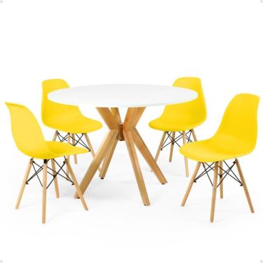 Imagem de Conjunto Mesa de Jantar Redonda Marci Branca 100cm com 4 Cadeiras Eames Eiffel - Amarelo