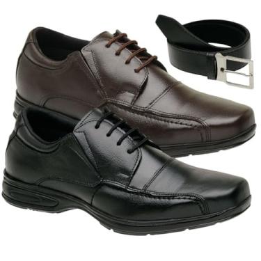 Imagem de Kit 2 Sapato Casual Social Masculino Cadarço De Amarrar Couro + Cinto Cor:Preto;Tamanho:46;Gênero:Masculino