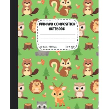 Imagem de Caderno de composição primária: Diário de histórias com espaço para imagens e linha média pontilhada com design de capa de animais da floresta bebê para crianças K-2