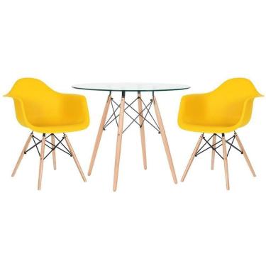 Imagem de Mesa Redonda Eames Com Tampo De Vidro 90 Cm + 2 Cadeiras Eiffel Daw Amarelo Amarelo