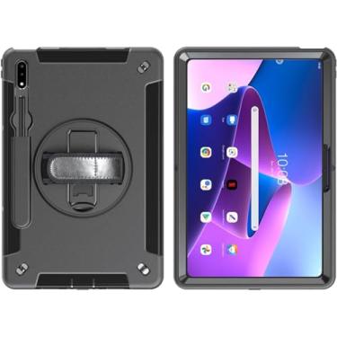 Imagem de Capa para Lenovo Tab P12 Pro de 12,6 polegadas (TB-Q706F/TB-Q706Z), à prova de choque, função de suporte, alça giratória de 360°, para suporte de caneta, alça ajustável (preto)