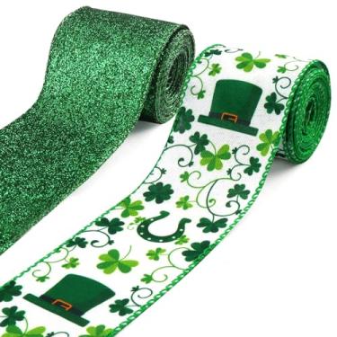 Imagem de Estivaux 2 rolos de fitas de dia de São Patrício para artesanato, fita de borda com fio de duende verde branco laço de fita de serapilheira trevo irlandês fitas com fio para o dia de São Patrício