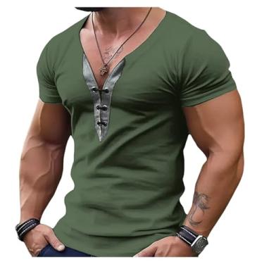 Imagem de Camisetas masculinas de manga curta com cores contrastantes slim fit pulôver gola V casual esportes tops, Verde militar, M