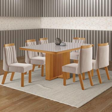 Imagem de Mesa de Jantar 6 Lugares Kiev com Vidro Cinamomo/Linho Bege - Panorama Móveis