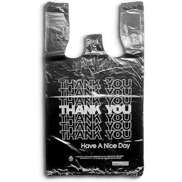 Imagem de ROYALNA Camiseta de plástico 500 unidades sacolas de compras de supermercado (30,5 cm x 16,5 cm x 53,3 cm) Reutilizável e descartável para restaurantes, lojas de conveniência, alimentos, supermercado (preto/branco, obrigado, 500)