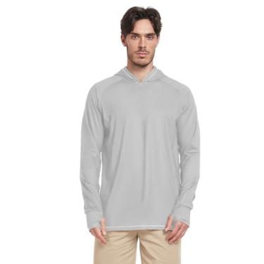 Imagem de Camisa masculina cinza prata com capuz proteção UV manga longa UPF 50 de secagem rápida camiseta de sol masculina Rash Guard para homens, Prata, M