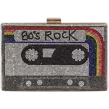 Imagem de QZUnique Bolsa de ombro em forma de fita, gravador de rádio, bolsa transversal de poliuretano, bolsa de mão feminina retrô para noite, C - preto, One Size