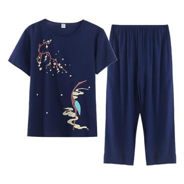 Imagem de Conjuntos femininos de linho de verão de 2 peças, camisetas de manga curta com calça de perna larga, roupas de férias plus size para idosos, Azul marino, X-Large