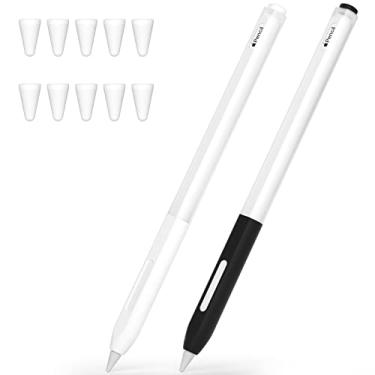 Imagem de JOOSKO Compatível com Apple Pencil 2ª geração, 2 capas de silicone para lápis, suporta carregamento magnético e função de clique duplo, [com 10 capas de ponta de silicone] (branco + preto)