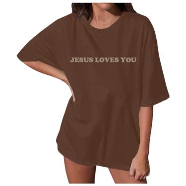 Imagem de Camiseta feminina Love Her Mama Loves Jesus Jesus com estampa de letras, leve, ajuste relaxado, roupa de Jesus moderna para mulheres, 01 - Marrom, GG