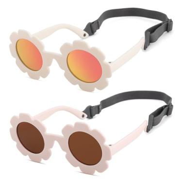 Imagem de LIU·WEN Óculos de sol florais polarizados para bebês com alça - armação flexível dobrável para bebês meninas meninos de 0 a 24 meses, B3 branco/vermelho espelhado + bege branco/marrom, Medium