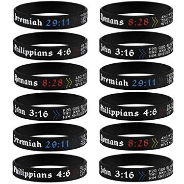 Imagem de Sainstone Pacote com 12 pulseiras de silicone com versículo bíblico cristão - Jeremias 29:11, João 3:16, Filipenses 4:6 e Romanos 8:28 - Pulseiras de escrituras religiosas, presentes de igreja,