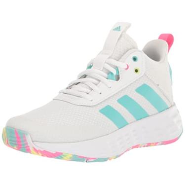 Imagem de adidas Tênis de basquete Own the Game 2.0 para crianças, Branco/Flash Aqua/Rosa lúcido, 21
