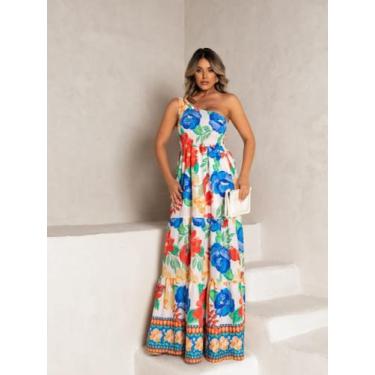 Imagem de Vestido longo nula manga verão elastek silk - LALOKA, Azul, Branco, M