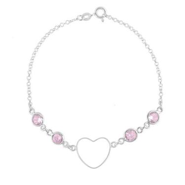 Imagem de Pulseira Feminina Pedra Zircônia Coração Rosa Prata 925 - DR Joias