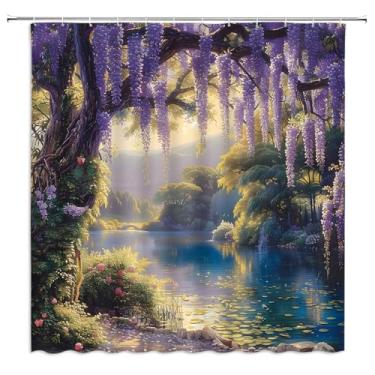Imagem de GIXKOXE Fantasia Floresta Cortina de Chuveiro Roxo Floral Lago Montanha Glicínias Planta Flor Sonho Primavera Jardim Conto de Fadas Natureza Paisagem Decoração de Banheiro Cortinas Poliéster com