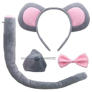 Imagem de 4 pçs Halloween orelhas de rato faixa de cabeça nariz laço laço cauda cinza mouse aros de cabelo feminino gravata borboleta animal faixa de cabelo faixas de cabelo cosplay vestido baile de máscaras natal chá de bebê acessórios de festa de aniversário