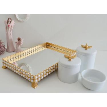 Imagem de Kit Higiene Bebê Porcelana Bandeja Perola Cotonete Potes K036 - Cirand
