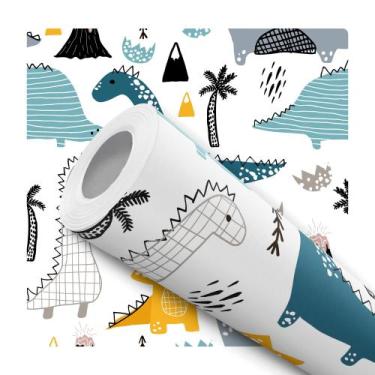 Imagem de Papel de Parede Adesivo Dinossauro Azul Amarelo Infantil Bebê Moderno 