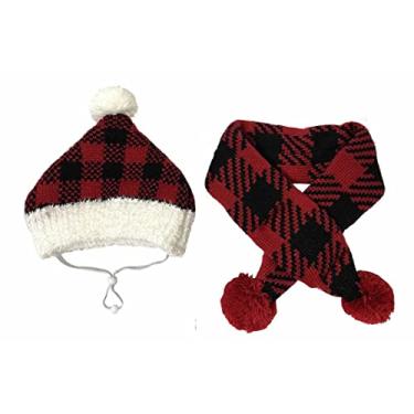 Imagem de Lanyarco Gorro tricotado de Papai Noel para cães, vermelho, búfalo, xadrez, conjunto com 2, cachecol, tamanho médio