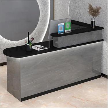 Imagem de Mesa de recepção de recepção, balcão de recepção com luzes, mesa de balcão frontal com armário, balcão de varejo moderno com gavetas, para escritório de checkout/salão de beleza/saguão/spa
