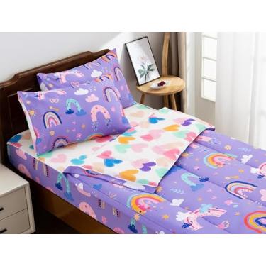 Imagem de Meeting Story Conjunto de cama infantil de 3 peças, conjunto de cama com zíper e estampa de arco-íris, tudo em um (roxo escuro, casal)