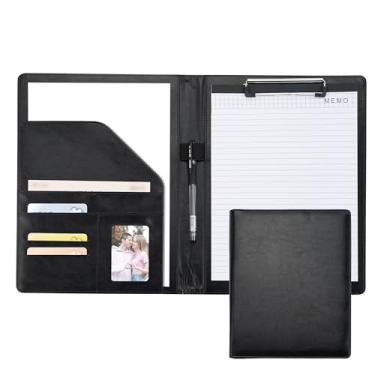 Imagem de Organizador de portfólio preto, portfólio de couro para homens, fichário de negócios com suporte de caneta, pasta de portfólio de currículo, pasta de prancheta para notebook, caneta e bloco de notas