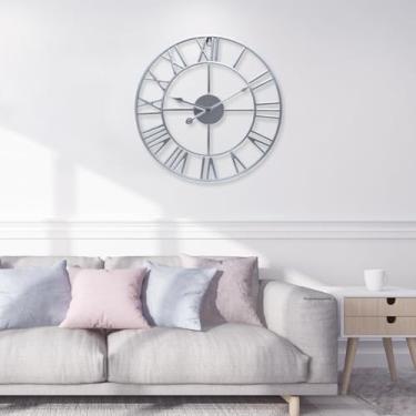 Imagem de bakbrand Relógio de parede grande, 40,6 cm, prata, algarismos romanos, relógio de metal, operado por bateria, silencioso, sem tique-taque, relógio de parede moderno redondo grande para casa, hotel,