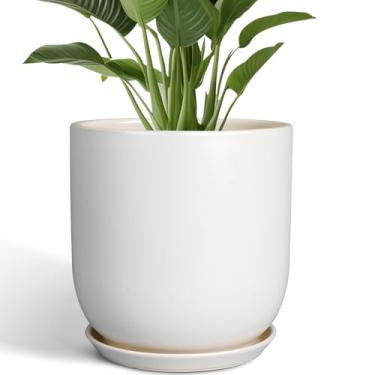 Imagem de SUNPOTFOR Vaso de plantas 30,5 cm - Vaso de cerâmica para plantas, ambientes internos e externos, grande, com orifício de drenagem e pires, vaso de flores moderno de meados do século, cilindro branco