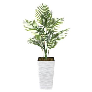 Imagem de Goldshire Palmeira artificial de 1,8 m, árvore de planta de habilidade falsa com plantador branco, planta de topiaria decorativa, palmeira sintética preenchida com cimento para decoração de varanda de