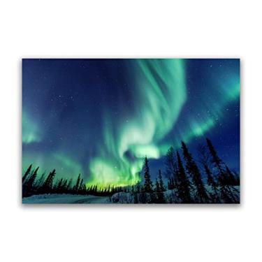 Imagem de Céu estrelado azul, floresta, aurora boreal, tela, arte de parede, imagens, paisagem, pinturas, impressão em tela, pôster de luzes do norte, imagens de parede para sala de estar, 50 x 75 cm (20 x 30