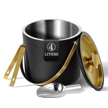 Imagem de Bakpoco Balde de gelo 4L com tampa de silicone, colher, pinças e coador de ouro, baldes de gelo isolados de parede dupla de aço inoxidável para festas e coquetéis ao ar livre recipiente de gelo