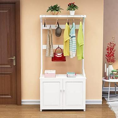 Imagem de Cabideiro com banco de sapatos, árvore de entrada 3 em 1 com banco de armazenamento, organizador de madeira com 8 ganchos duplos para pendurar e sapateira