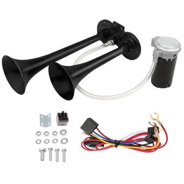Imagem de Yeoflagtrade Buzina de ar de caminhão 12V 150DB com compressor 120 PSI, buzina de ar universal de trompete duplo para caminhão, cromo, zinco para veículos de 12 V, trens, caminhões, carros, barcos