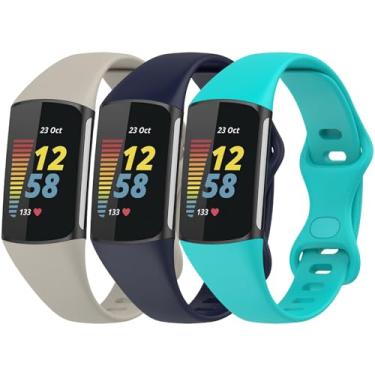 Imagem de QIEMUTER Pacote com 3 pulseiras de relógio compatíveis com Fitbit Charge 5 / Charge 6, femininas e masculinas, ajustáveis, esportivas, macias, de silicone para Charge 5/Charge 6, Medium, Silicone, Sem