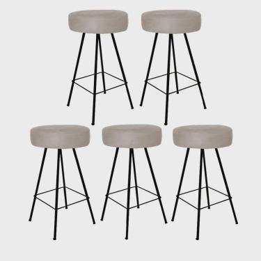 Imagem de Kit 05 Banqueta Alta Laisa Industrial Redonda Cozinha Bar Balcão Bistrô Ferro Preto Corino Bege - Ahz Móveis